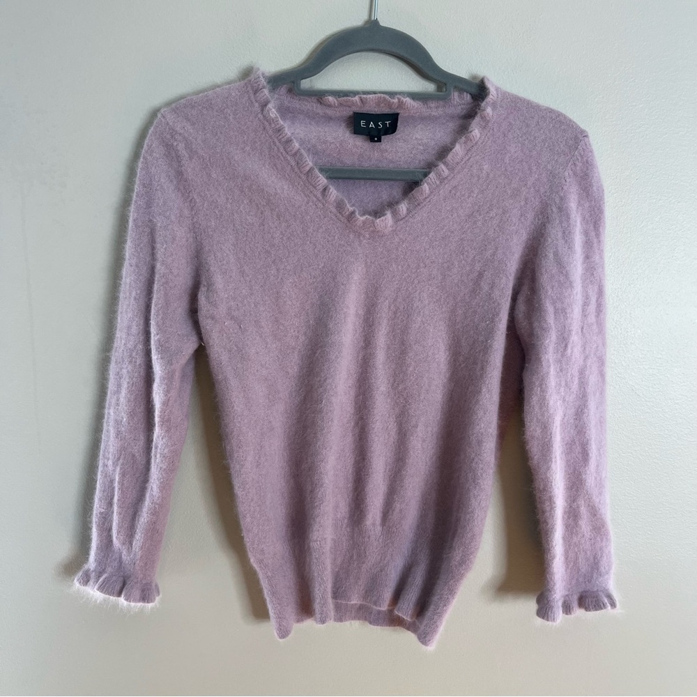 East Size Small Ruffle V-neck Lavender Angora Soft Stretch 3/4 Sleeve Sweater RS